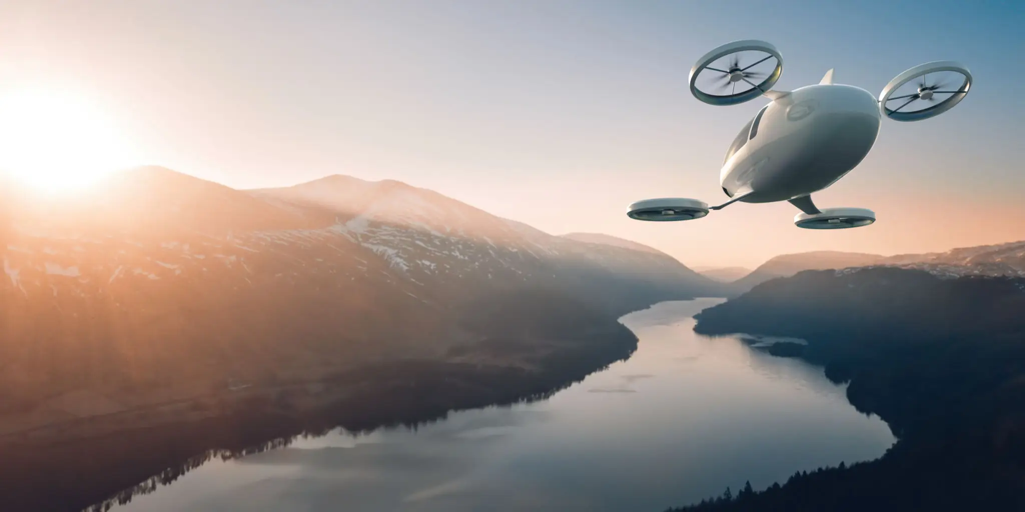 Futuristic aircraft soaring in sunrise sky