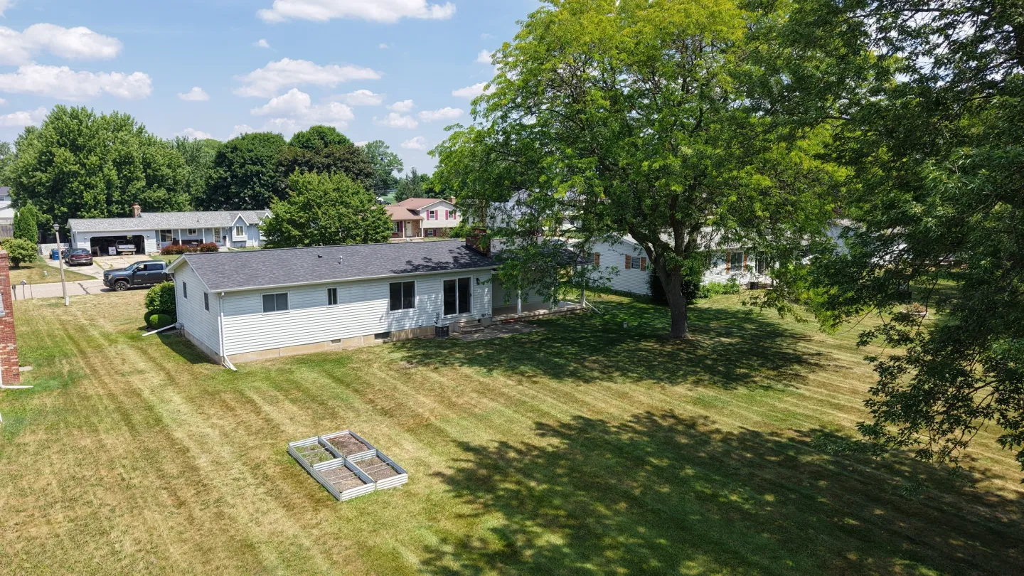 Suburban backyard with a large tree